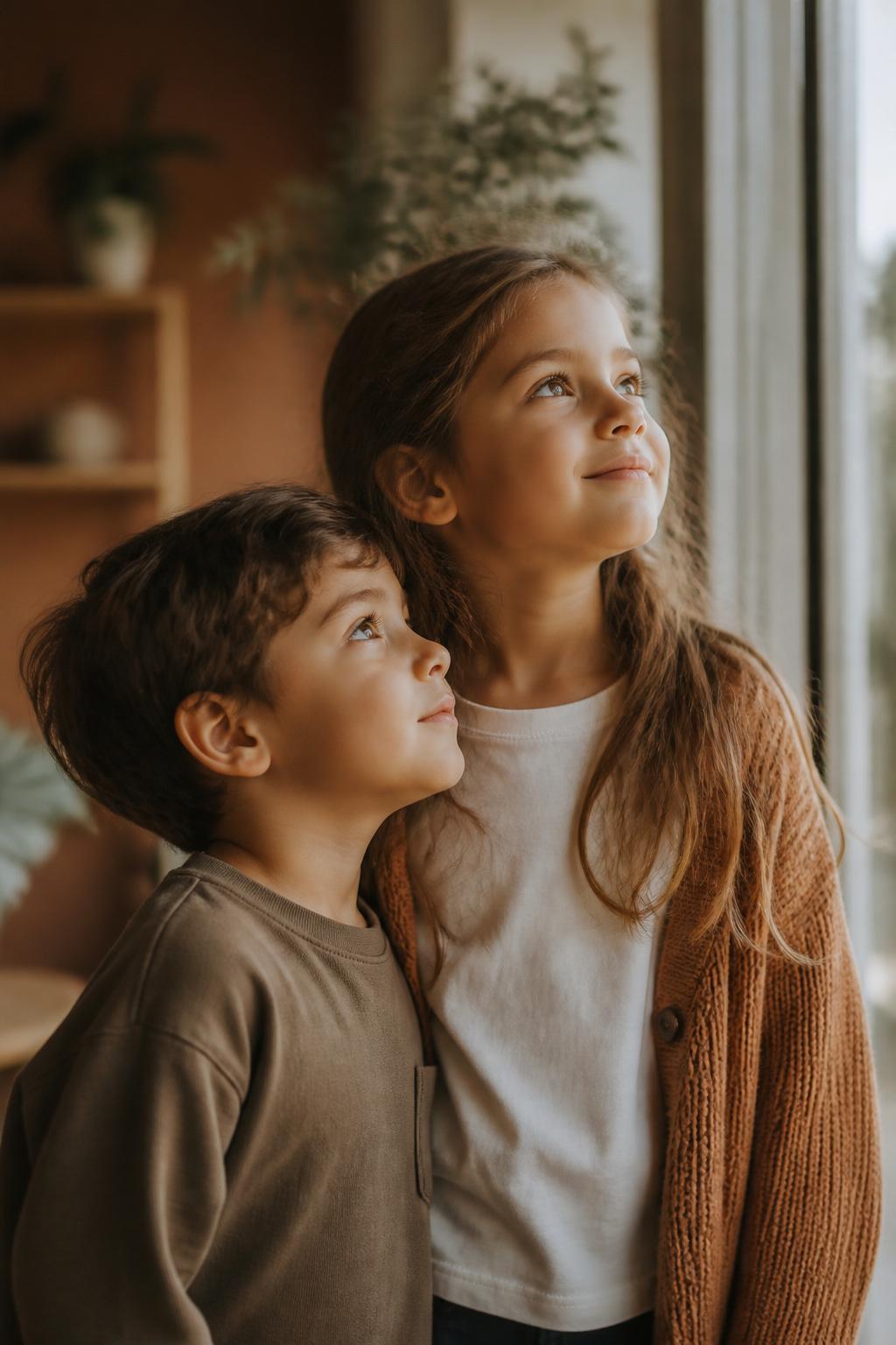 Two children look toward soft natural light with hopeful curiosity
